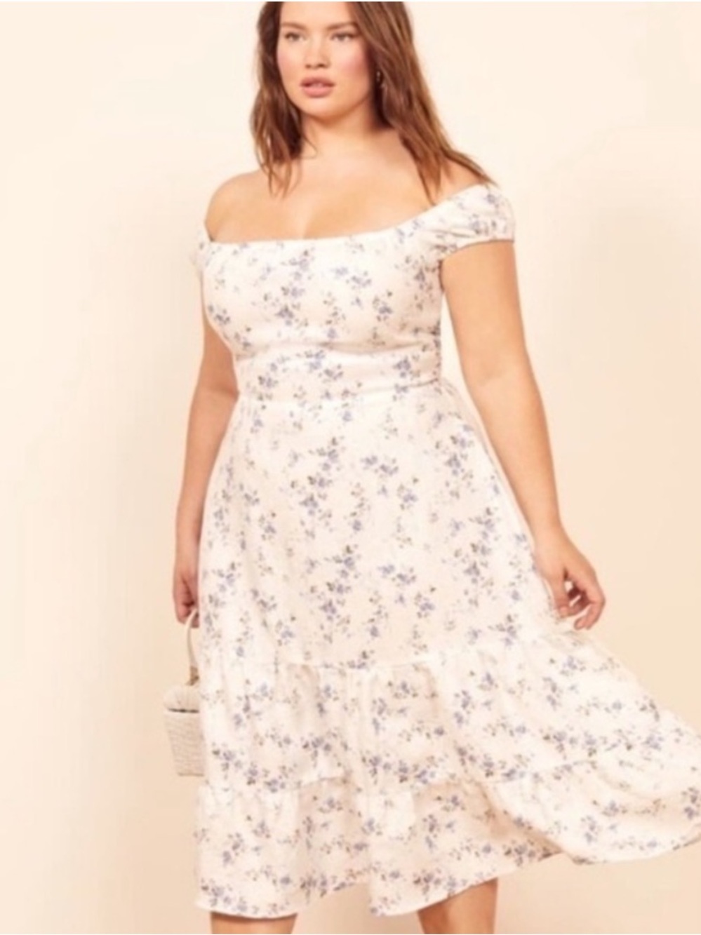 Reformation Toulouse Floral Linen midi off the shoulder tiered Dress Size 16